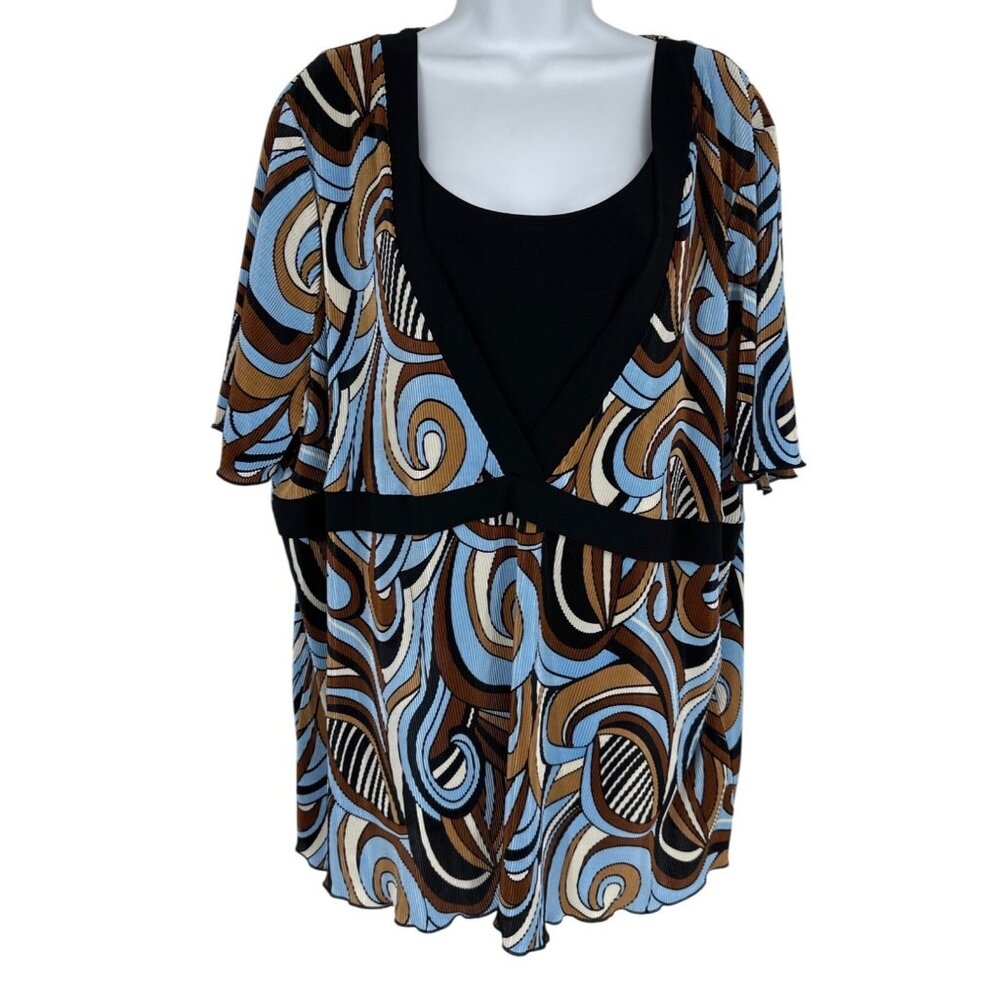 Maggie Barnes Womens Abstract Print Pleated Blouse With Black Layered Look Sz 2X
